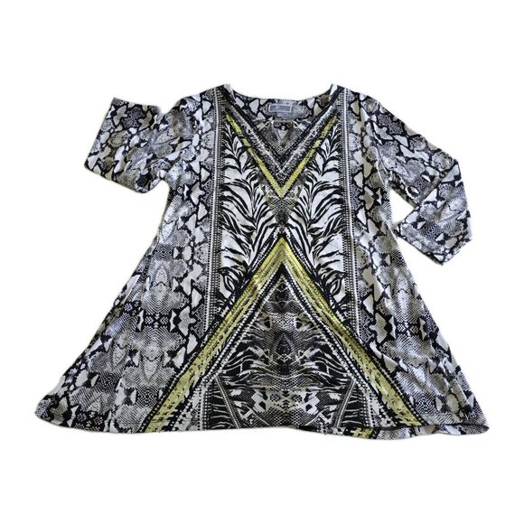 JM Collection Tunic Top Women M Multicolor 3/4 Sleeve V Neck Geo Snake Print 90s - Picture 8 of 14